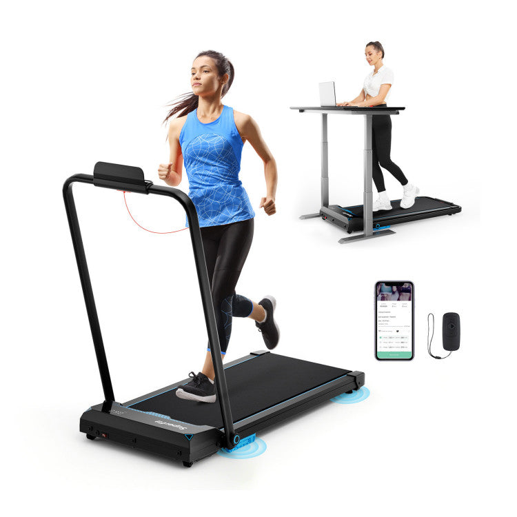 Folding treadmill with LED display, 0.6-7.6 mph speed range, and anti-slip belt for home fitness training.