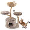 Wood cat tree with cozy perch, plush fabric, and sisal scratching posts for playful exploration and relaxation.
