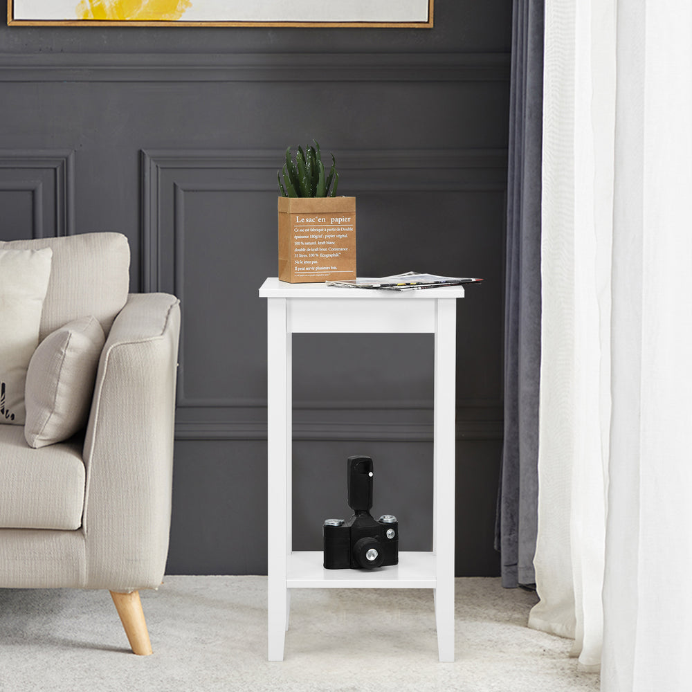 White 2-tier end table with storage shelf, featuring solid wood legs, ideal for sofa side or narrow corners.