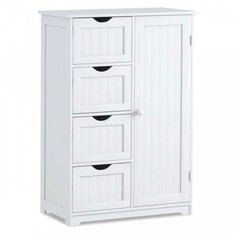 White wooden cabinet with four drawers and one door, ideal for bathroom storage and organizing personal care items.