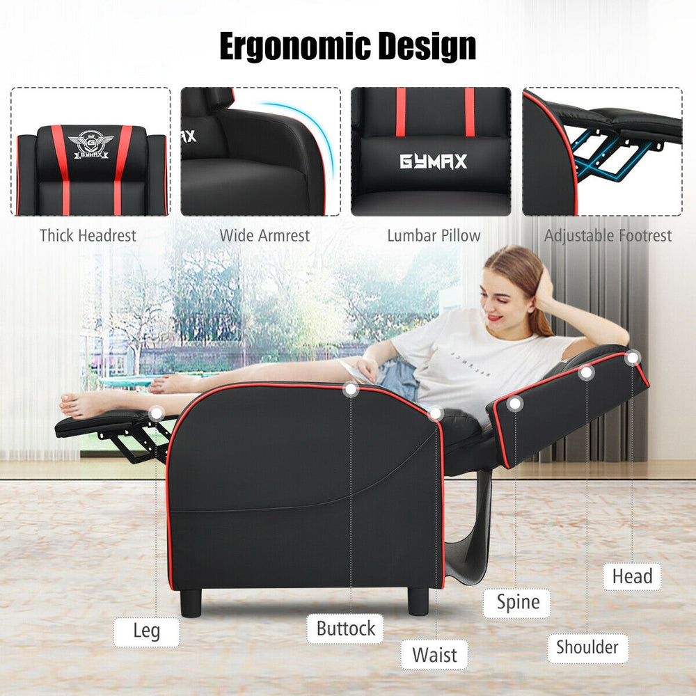 Massage Racing Gaming Single Recliner Chair in red with adjustable backrest, ergonomic design, and electric lumbar.
