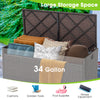 Patio storage bench with 34-gallon capacity, featuring a soft cushion and durable PE rattan, ideal for outdoor use.