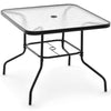 Square 34-inch outdoor dining table with tempered glass top and black metal frame, featuring a 1.5-inch umbrella hole.
