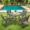 Square 34-inch outdoor dining table with tempered glass top and umbrella hole, set in a poolside garden.