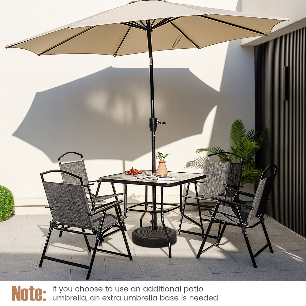 Square 34-inch outdoor dining table with tempered glass top and umbrella hole, ideal for backyard or poolside.