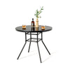34-inch round patio dining table with tempered glass top and 1.5-inch umbrella hole, ideal for indoor and outdoor use.
