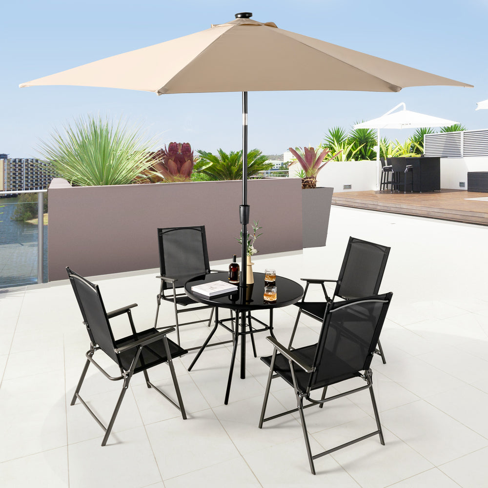 34-inch round patio dining table with tempered glass top and 1.5-inch umbrella hole, perfect for outdoor gatherings.