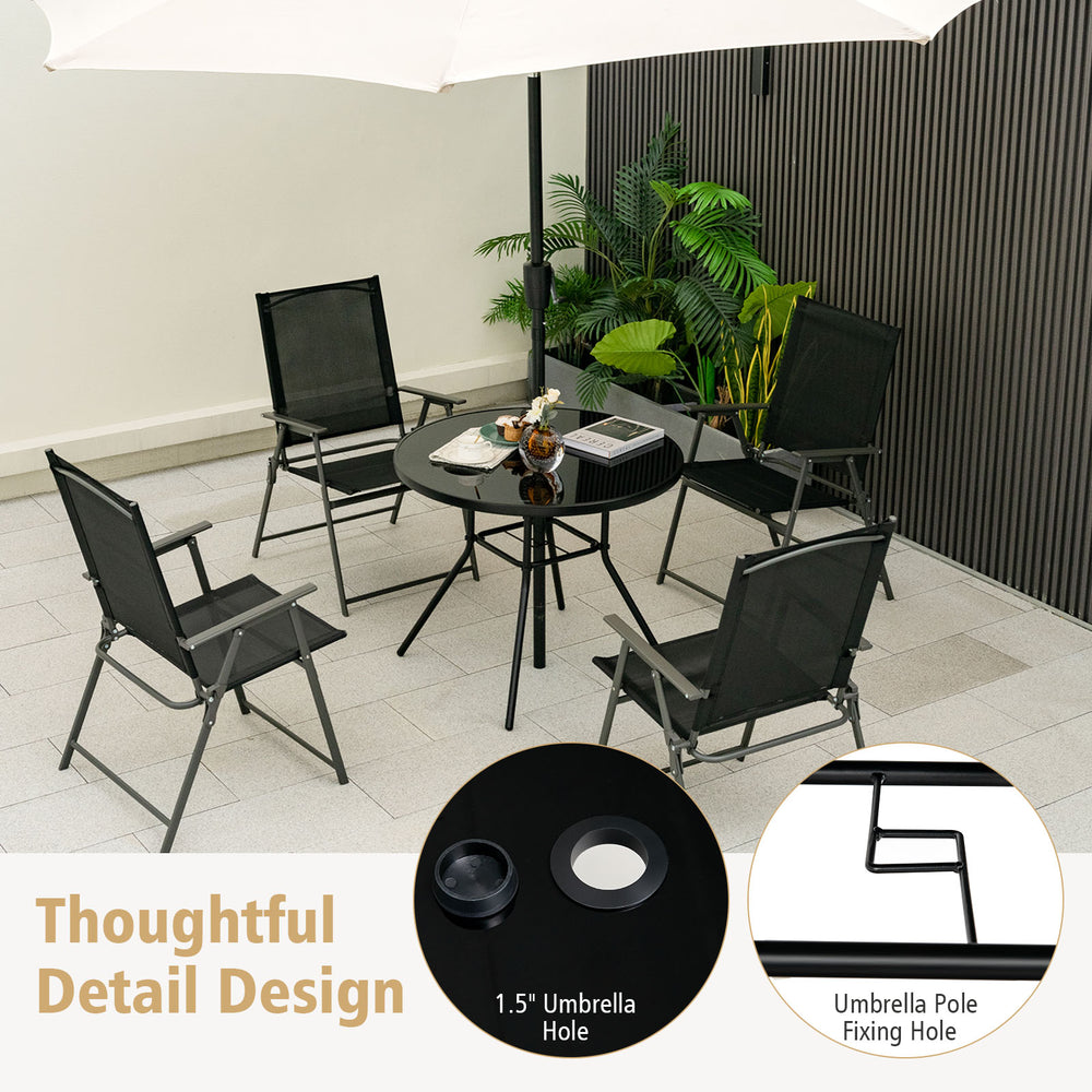 34-inch round patio dining table with tempered glass top and 1.5-inch umbrella hole, ideal for garden gatherings.
