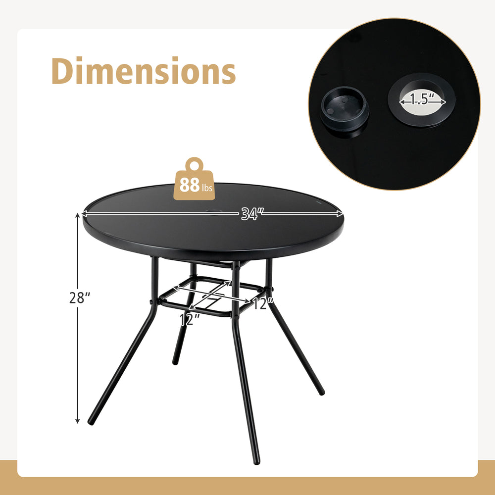 34-inch patio dining table dimensions with 1.5-inch umbrella hole, featuring a sturdy metal frame and tempered glass.