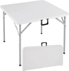 34-inch square foldable card table in white with a carrying handle, designed for easy portability and stable use indoors or outdoors.