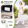 34-inch square foldable card table in white with a comfortable carrying handle, ideal for indoor and outdoor use.