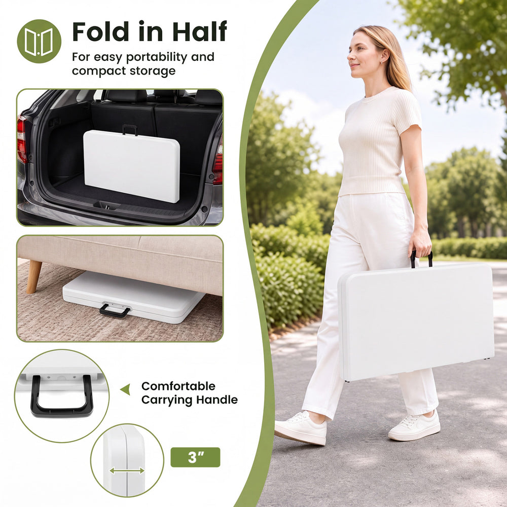 34-inch square foldable card table in white with a comfortable carrying handle, ideal for indoor and outdoor use.