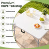34-inch square foldable card table with a white HDPE top, heat resistant and waterproof, perfect for indoor and outdoor use.