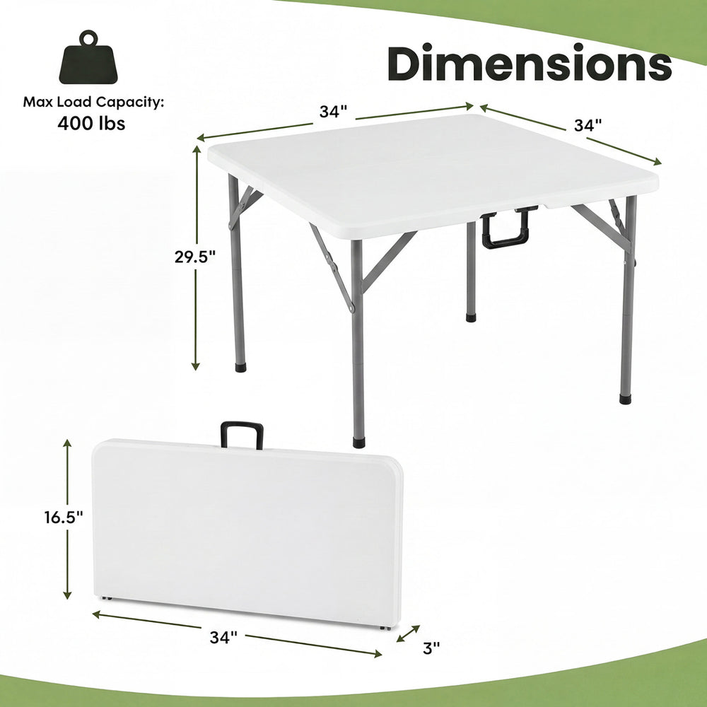 34-inch square foldable card table in white with a carrying handle, designed for easy portability and stable use.