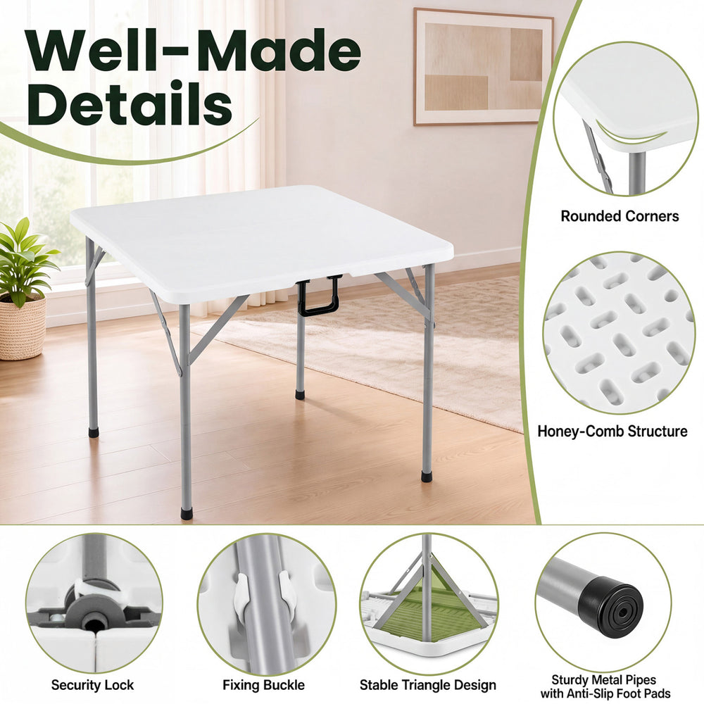 34-inch square foldable card table with a white HDPE top, sturdy metal legs, and a comfortable carrying handle for easy transport.