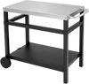 34" x 20" double-shelf grill table features a stainless steel top and black frame, ideal for outdoor cooking and BBQ supplies.