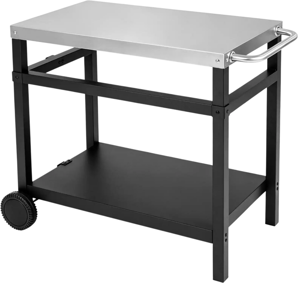 34" x 20" double-shelf grill table features a stainless steel top and black frame, ideal for outdoor cooking and BBQ supplies.