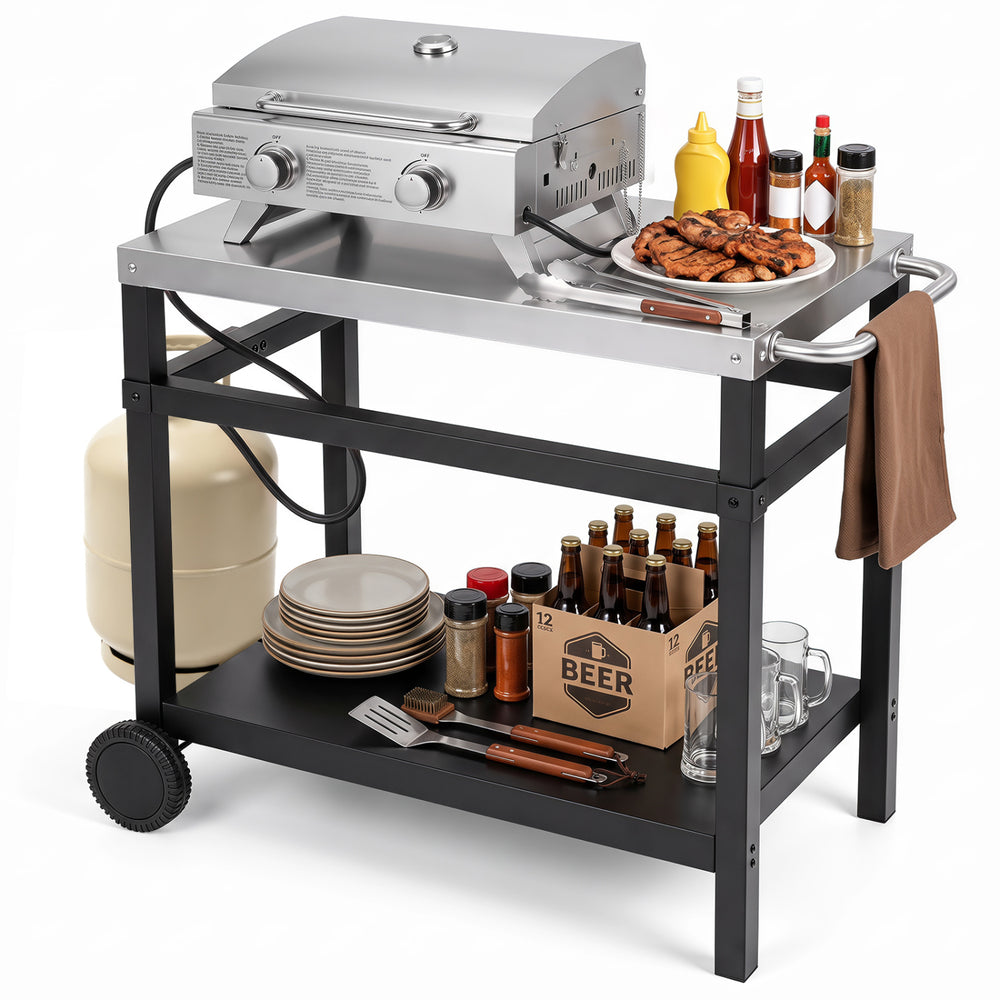 Double-shelf grill table with a stainless steel top, featuring storage for BBQ supplies and a propane tank holder for outdoor use.