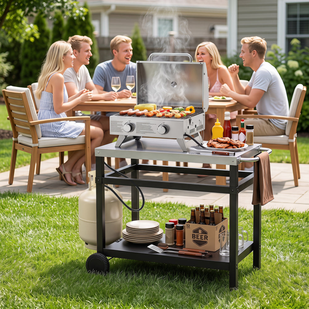 Double-shelf grill table with a stainless steel top, ideal for outdoor cooking and equipped with a propane tank holder.