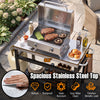 Spacious 34" x 20" double-shelf grill table with a robust stainless steel top, ideal for outdoor cooking and gatherings.