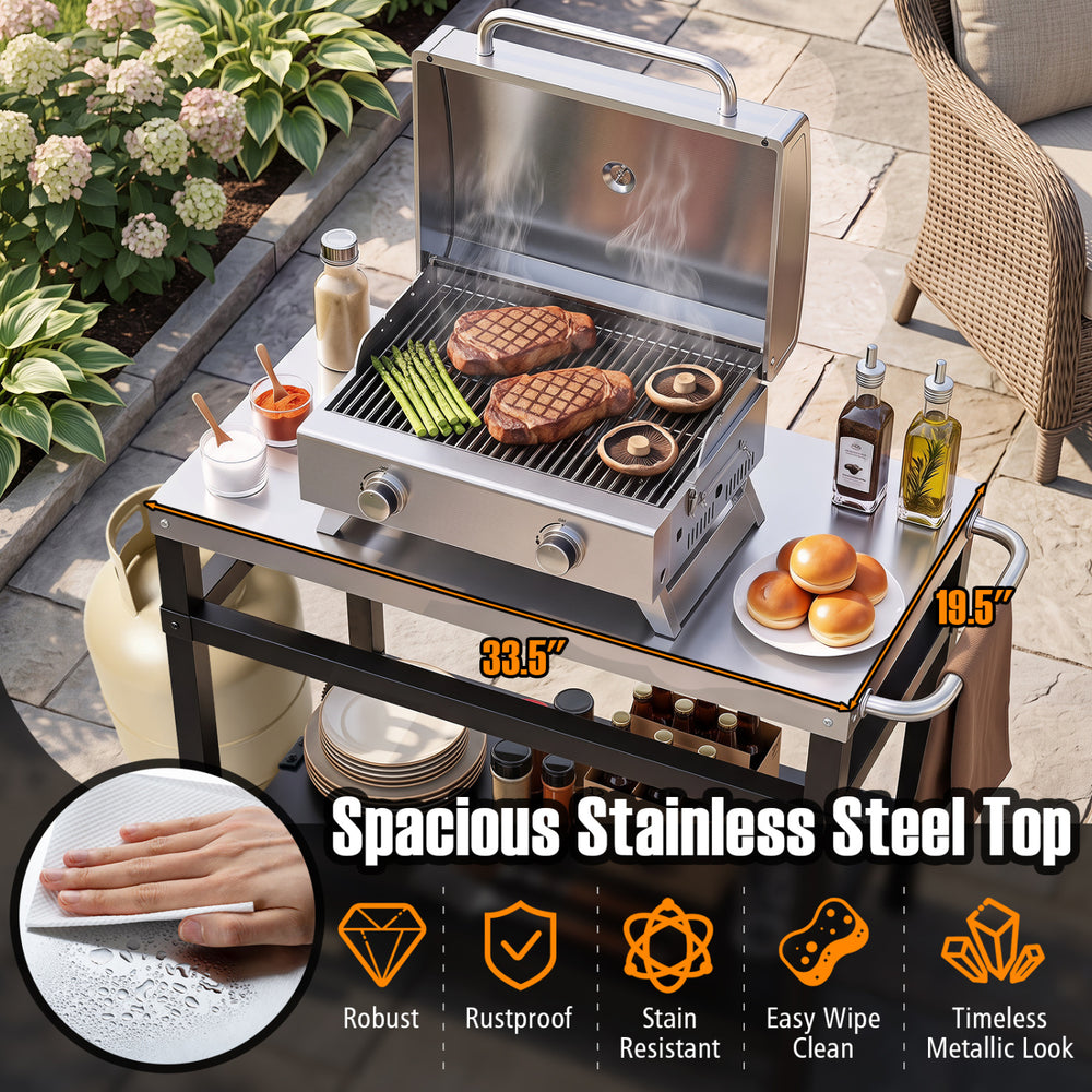 Spacious 34" x 20" double-shelf grill table with a robust stainless steel top, ideal for outdoor cooking and gatherings.