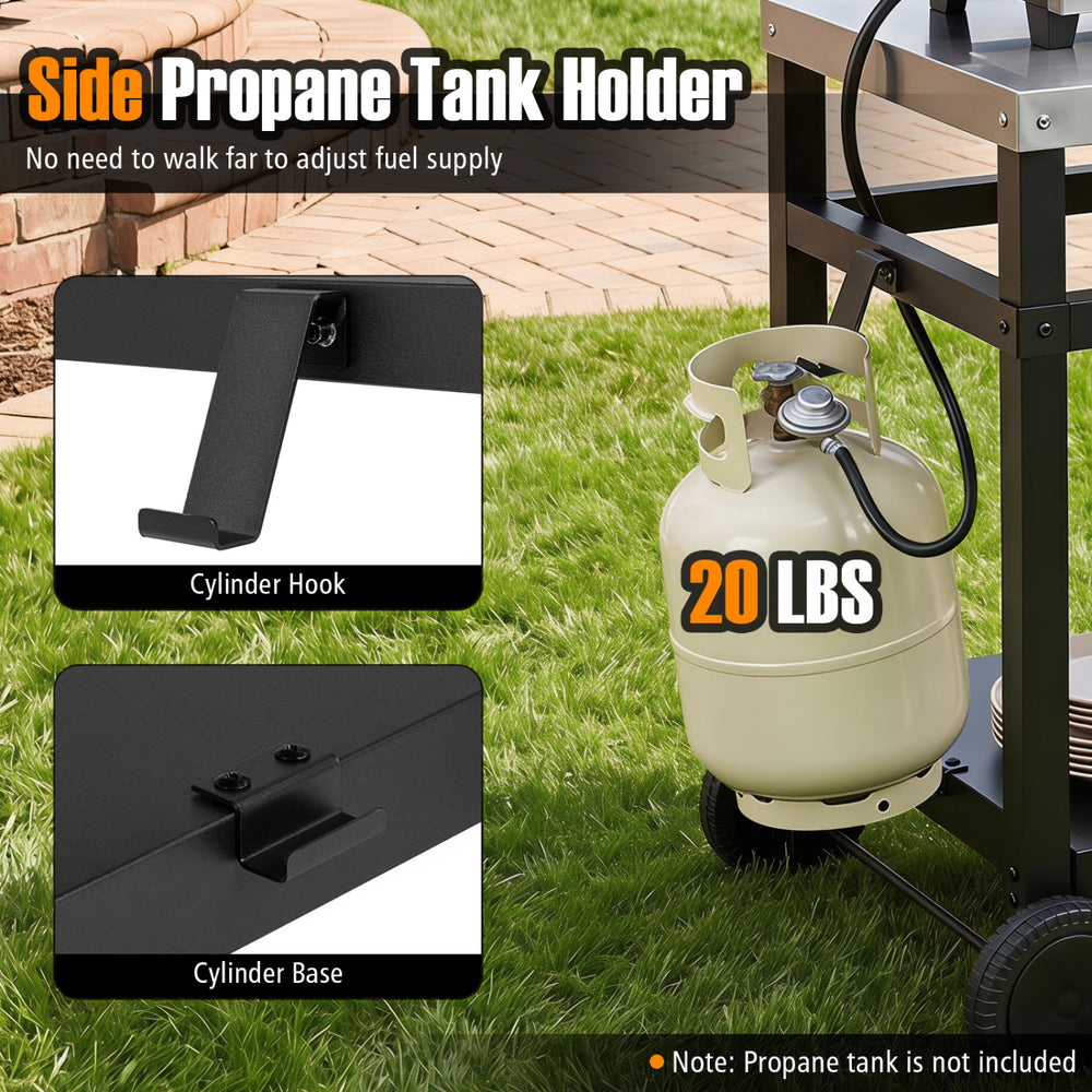 34" x 20" double-shelf grill table features a side propane tank holder for easy access and convenient grilling.