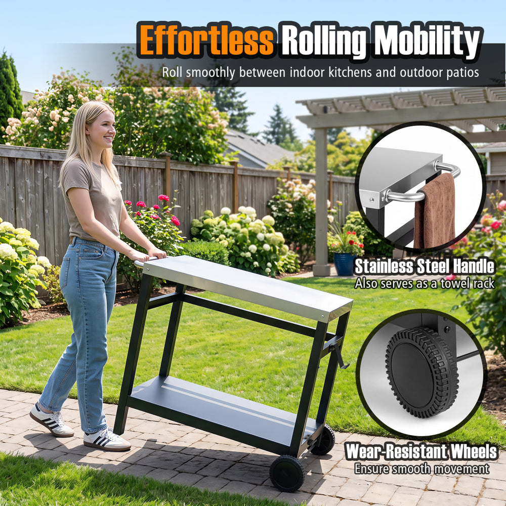34" x 20" double-shelf grill table with a stainless steel top and wear-resistant wheels for easy mobility indoors and outdoors.