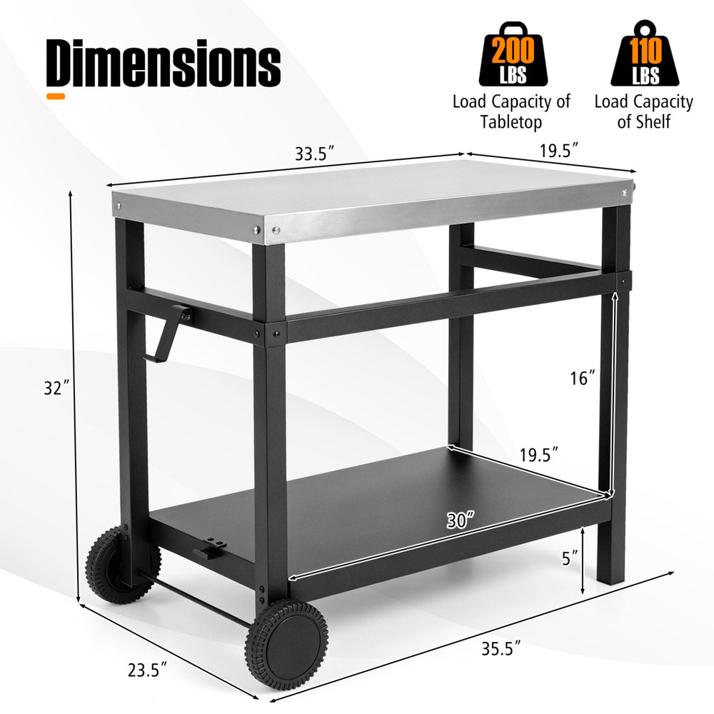 34" x 20" double-shelf grill table with a stainless steel top, ideal for outdoor grilling and easy maintenance.