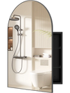 Brushed metal wall-mounted storage cabinet with arched mirror, featuring adjustable shelves for versatile organization.