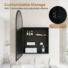 Brushed metal wall-mounted storage cabinet with arched mirror and two adjustable shelves for customizable bathroom storage.