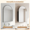 Brushed metal wall-mounted storage cabinet with arched mirror and adjustable shelves for versatile installation options.