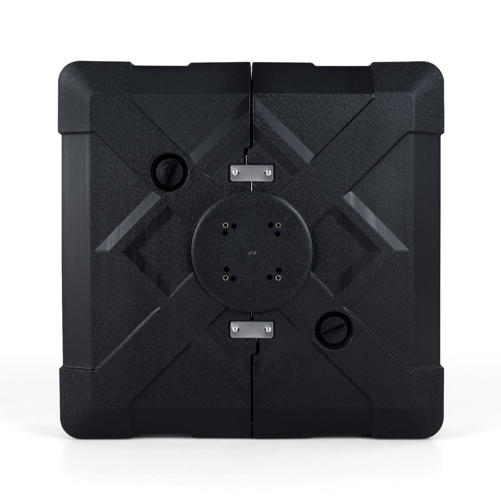 34" x 34" cantilever patio umbrella base in black with 4 wheels, designed for easy mobility and stability.