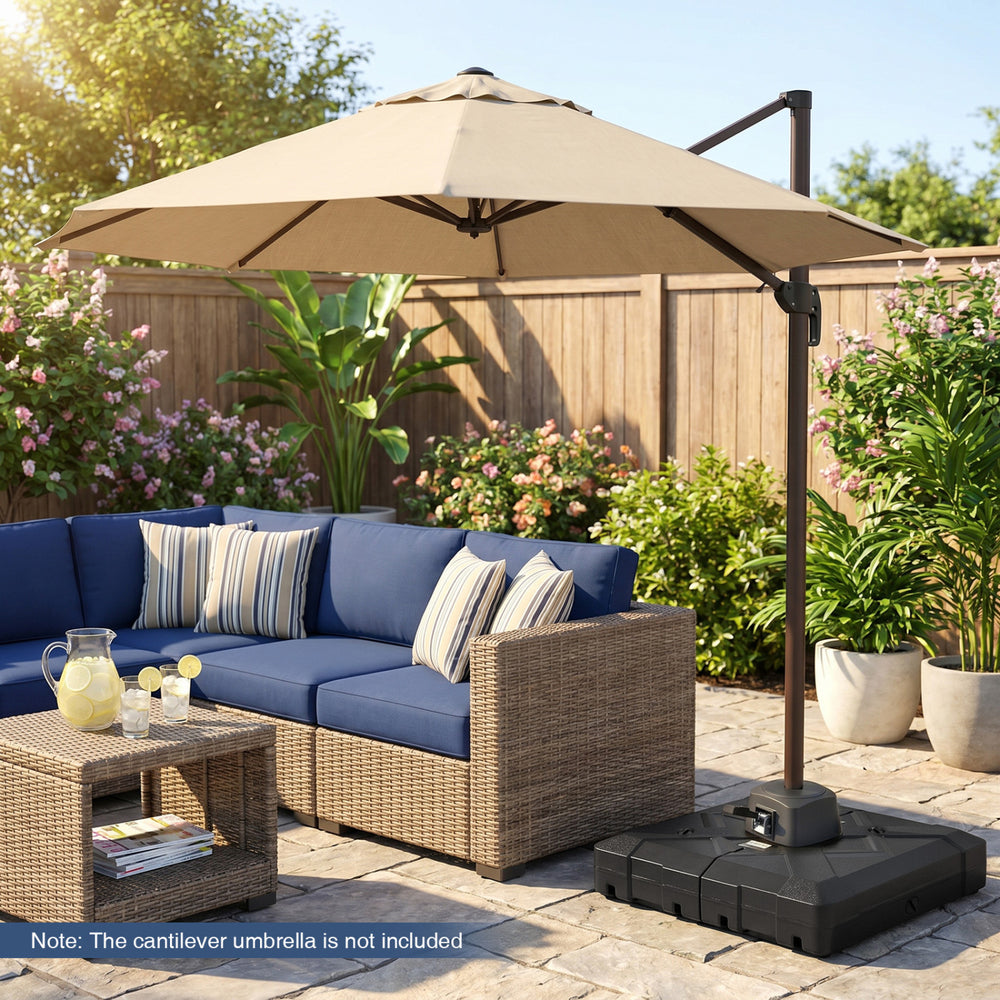 34" x 34" cantilever patio umbrella base with 4 wheels, designed for stability and easy mobility, fits 8-10 FT.