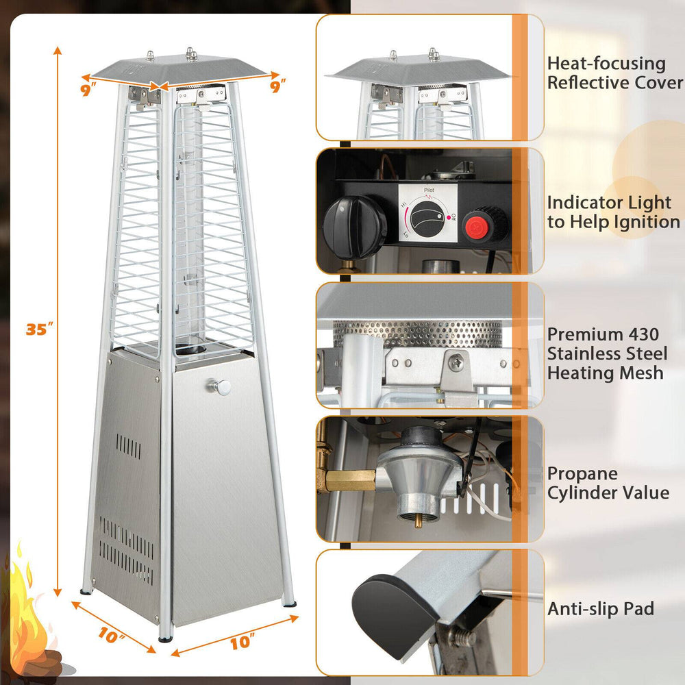 Portable stainless steel tabletop patio heater with 10,000 BTU output, adjustable flame, and anti-slip pad for.