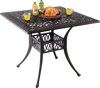 Square aluminum patio dining table in bronze with umbrella hole, perfect for outdoor gatherings by the pool.