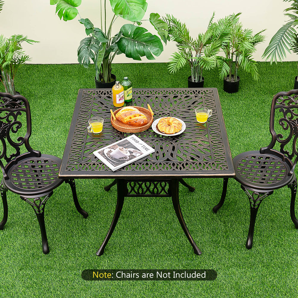 Bronze 35.4-inch aluminum patio dining table with umbrella hole, perfect for outdoor gatherings in backyard or patio.