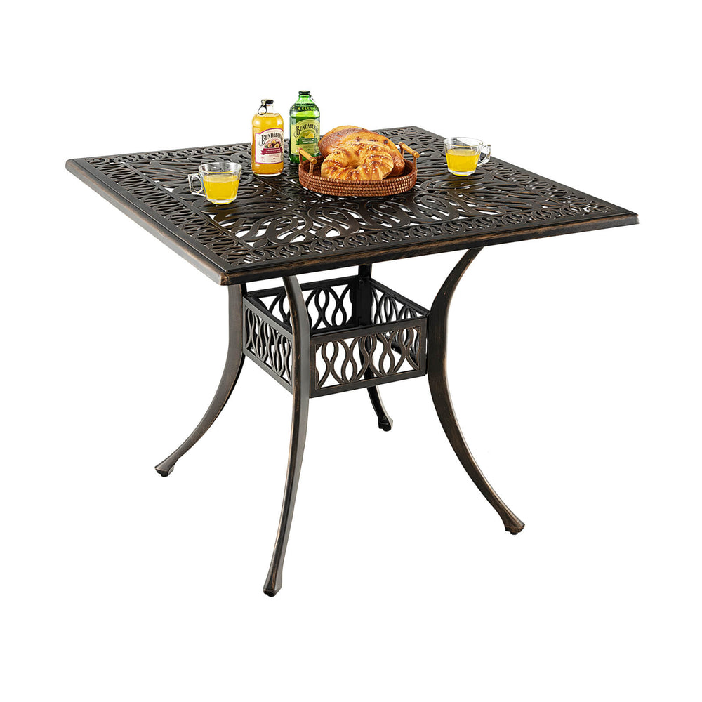 Square 35.4-inch bronze aluminum patio dining table with umbrella hole, ideal for outdoor gatherings and meals.