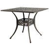 Square aluminum patio dining table in bronze with umbrella hole, perfect for four people, ideal for outdoor settings.