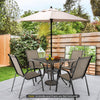 35.4-inch bronze aluminum patio dining table with umbrella hole, perfect for 4 people in backyard or patio settings.