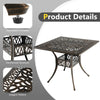 Square 35.4-inch aluminum patio dining table in bronze with umbrella hole, designed for outdoor use and stability.