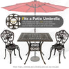Square aluminum patio dining table with 2" umbrella hole, bronze finish, perfect for outdoor gatherings.