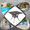 35.4-inch bronze aluminum patio dining table with umbrella hole, ideal for backyard, front porch, or poolside use.
