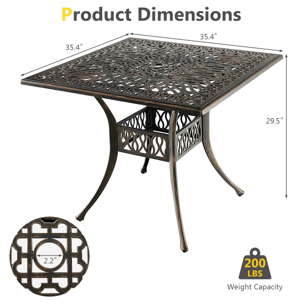 35.4-inch bronze aluminum patio dining table with umbrella hole, designed for stability and suitable for outdoor use.