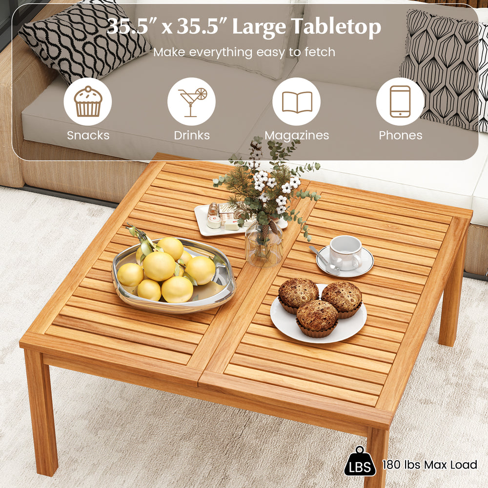 Acacia wood coffee table with slatted design, 35.5" tabletop, perfect for backyard or poolside use.