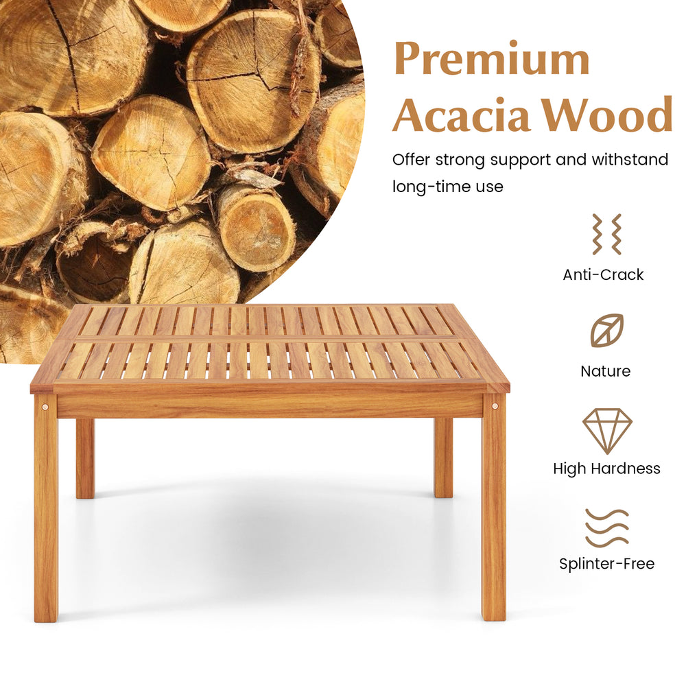 Acacia wood coffee table with slatted design, 35.5 inches, ideal for backyard or poolside use, supports up to 180 lbs.
