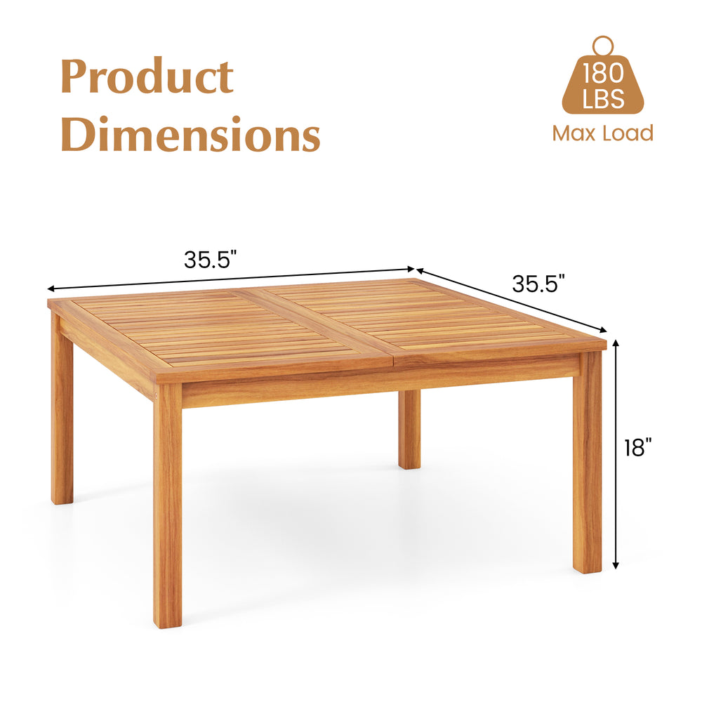 Square acacia wood coffee table measuring 35.5 inches, designed for outdoor use with a slatted top to prevent water.