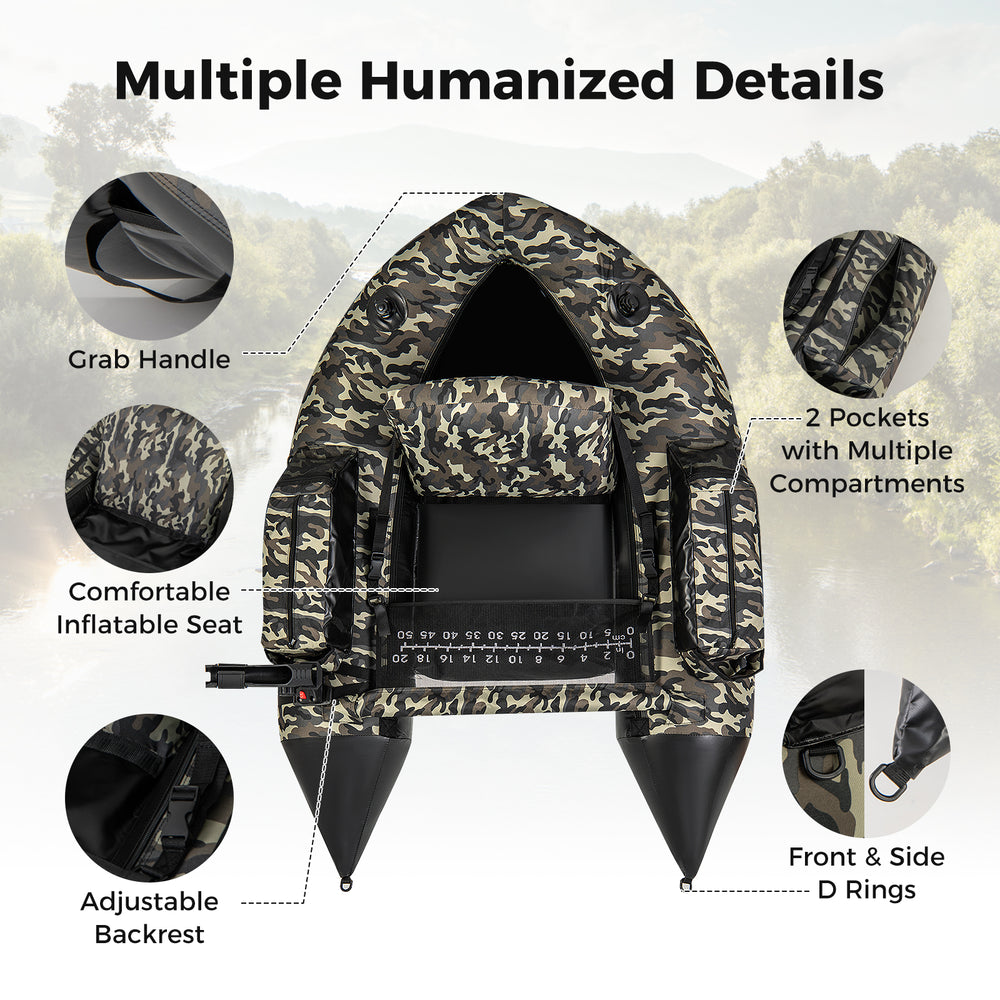 Inflatable fishing float tube in camouflage with adjustable backrest, pockets, and comfortable seat for fishing.