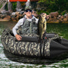 Inflatable fishing float tube in camouflage with adjustable backrest, featuring a comfortable seat and rod holder for.