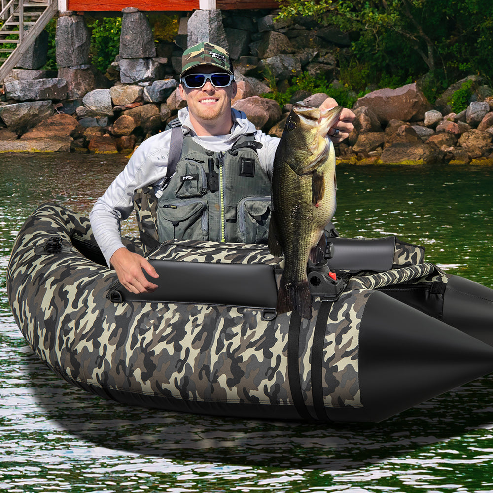 Inflatable fishing float tube in camouflage with adjustable backrest, featuring a comfortable seat and rod holder for.