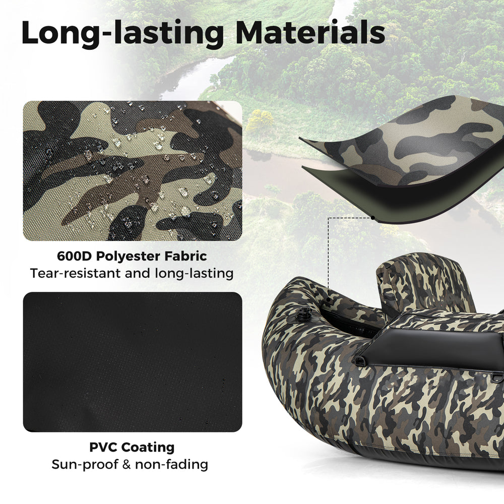 Close-up of the 600D polyester fabric and PVC coating of the camouflage inflatable fishing float tube for durability.